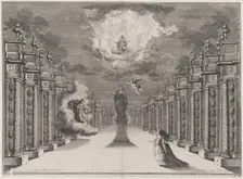 A woman standing on the right side of a road lined with columns; at center a statue of a f..., 1674. Creator: Mathäus Küsel