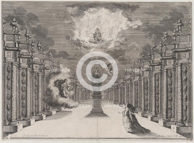A woman standing on the right side of a road lined with columns; at center a statue of a f..., 1674. Creator: Mathäus Küsel.