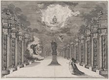 A woman standing on the right side of a road lined with columns; at center a statue of a f..., 1674. Creator: Mathäus Küsel