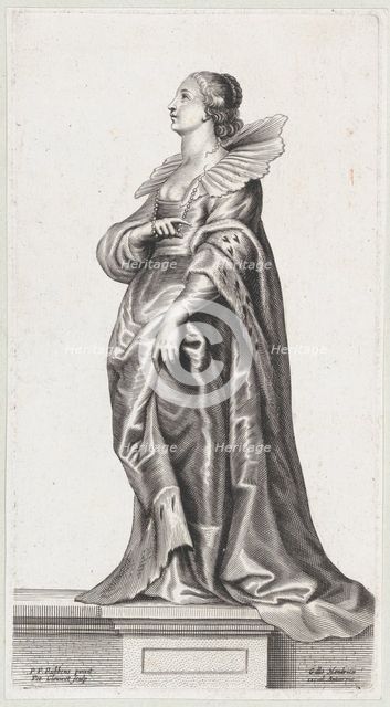 A woman standing on a pedestal, wearing a fur-trimmed coat and ruff, ca. 1640-70., ca. 1640-70. Creator: Peeter Clouwet.