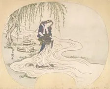 A Woman Stands on a Rock in a Stream Washing Clothes, ca. 1828. Creator: Utagawa Toyokuni II