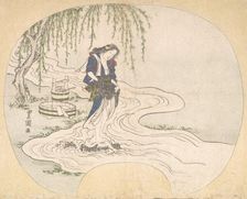 A Woman Stands on a Rock in a Stream Washing Clothes, ca. 1828. Creator: Utagawa Toyokuni II