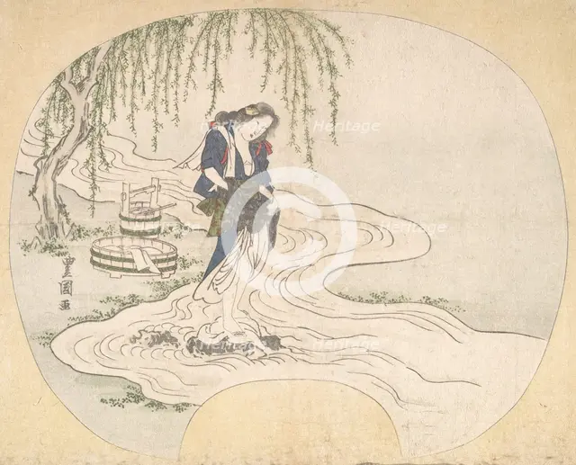 A Woman Stands on a Rock in a Stream Washing Clothes, ca. 1828. Creator: Utagawa Toyokuni II.