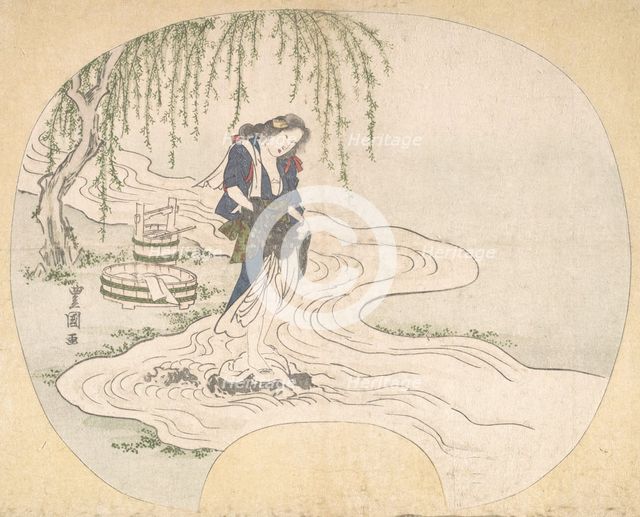 A Woman Stands on a Rock in a Stream Washing Clothes, ca. 1828. Creator: Utagawa Toyokuni II.
