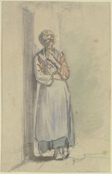 A woman stands with her right shoulder against the front door, her left hand reaching..., c1840s. Creator: Jakob Dielmann