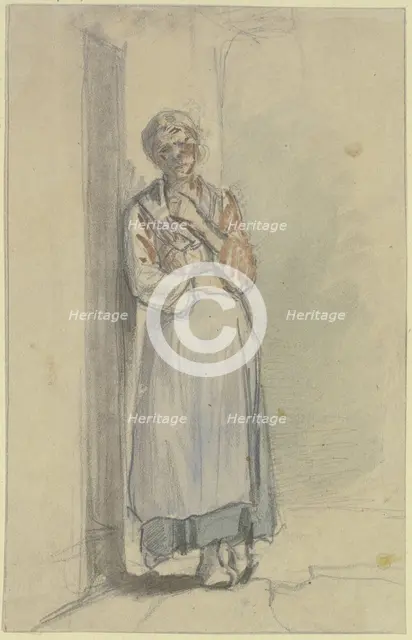 A woman stands with her right shoulder against the front door, her left hand reaching..., c1840s. Creator: Jakob Dielmann.