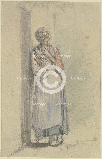 A woman stands with her right shoulder against the front door, her left hand reaching..., c1840s. Creator: Jakob Dielmann.