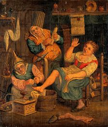 A woman surgeon and her assistant cupping a patient, c1690s. Creator: Unknown