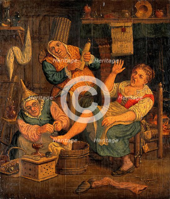 A woman surgeon and her assistant cupping a patient, c1690s. Creator: Unknown.