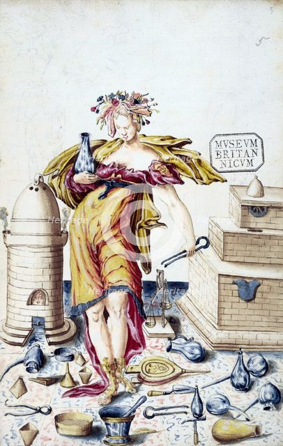 A woman surrounded by alchemical instruments. Creator: Unknown.