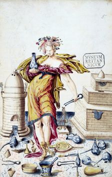 A woman surrounded by alchemical instruments. Creator: Unknown