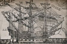 A woodcut of a ship which is believed to be The Ark Royal, c1587