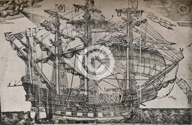 A woodcut of a ship which is believed to be The Ark Royal, c1587. Artist: Unknown.