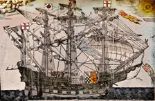 A woodcut of a ship which is believed to be The Ark Royal, c1587