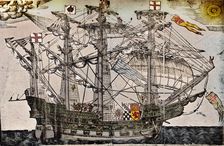 A woodcut of a ship which is believed to be The Ark Royal, c1587