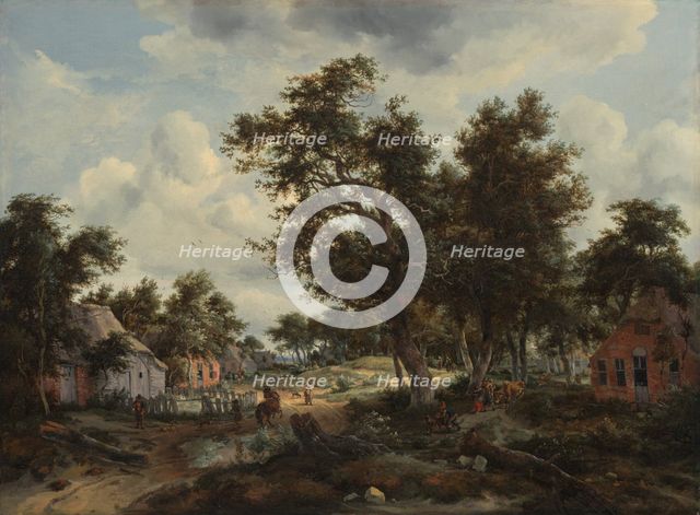 A Wooded Landscape with Travellers on a Path through a Hamlet, about 1665. Creators: Meindert Hobbema, Abraham Storck.