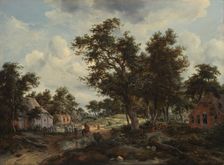 A Wooded Landscape with Travellers on a Path through a Hamlet, about 1665. Creators: Meindert Hobbema, Abraham Storck