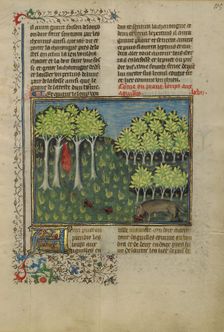 A Wolf Eating Bait Filled with Needles; Livre de la Chasse, about 1430-1440. Creator: Unknown