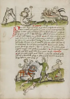A Wolf Fighting with a Ram and a Lion with a Scepter before a Group..., third quarter of 15th cent. Creator: Unknown