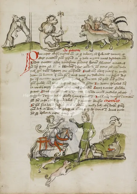 A Wolf Fighting with a Ram and a Lion with a Scepter before a Group..., third quarter of 15th cent. Creator: Unknown.