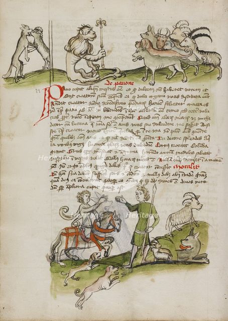 A Wolf Fighting with a Ram and a Lion with a Scepter before a Group..., third quarter of 15th cent. Creator: Unknown.