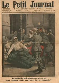 A wounded man attempts to stand up to receive his medal, 1915. Creator: Unknown