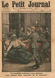 A wounded man attempts to stand up to receive his medal, 1915. Creator: Unknown