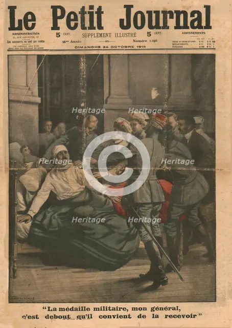 A wounded man attempts to stand up to receive his medal, 1915. Creator: Unknown.