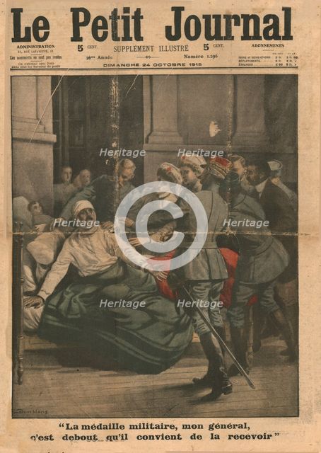 A wounded man attempts to stand up to receive his medal, 1915. Creator: Unknown.
