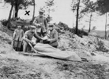 A wounded German soldier at a dressing station, World War I, 1915