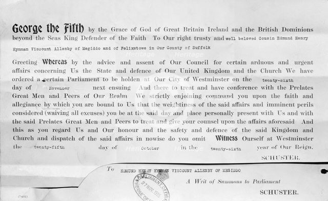 A writ of summons to Parliament, 1935. Creator: Unknown.