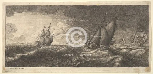 A yacht and three warships in a storm, 1665. Creator: Wenceslaus Hollar.