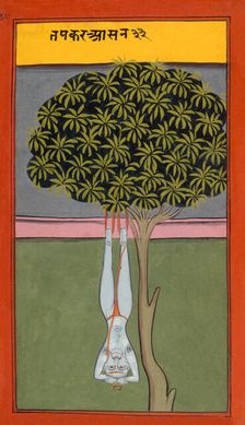 A yogi hanging by his feet from a tree, 19th century. Creator: Unknown