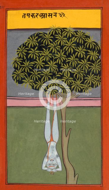 A yogi hanging by his feet from a tree, 19th century. Creator: Unknown.