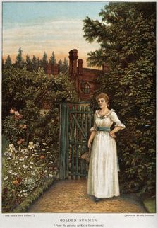 A young woman waiting in a garden by the gate, c1880s. Creator: Unknown