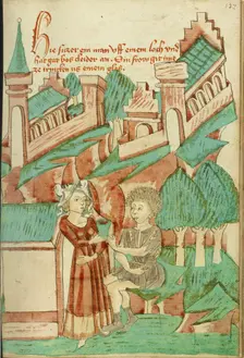 A Young Woman Giving Something to Drink to a Man in Torn Clothing; Barlaam und Josaphat, 1469. Creators: Hans Schilling, Diebolt Lauber