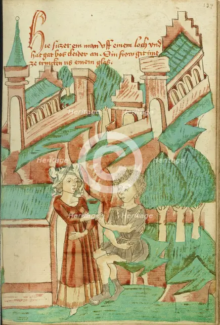 A Young Woman Giving Something to Drink to a Man in Torn Clothing; Barlaam und Josaphat, 1469. Creators: Hans Schilling, Diebolt Lauber.