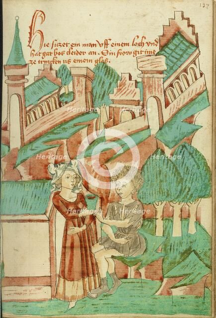 A Young Woman Giving Something to Drink to a Man in Torn Clothing; Barlaam und Josaphat, 1469. Creators: Hans Schilling, Diebolt Lauber.
