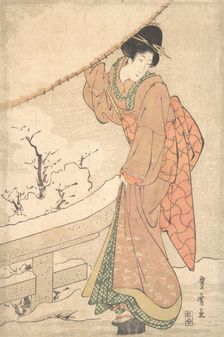 A Young Woman in a Snow Storm Carrying a Heavily Snow-Laden Umbrella, ca. 1802.. Creator: Utagawa Toyohiro