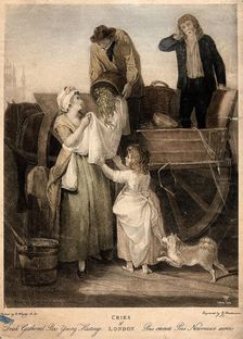 A young woman is holding up her apron to catch the peas which are being poured..., c1790s Creator: Francis Wheatley