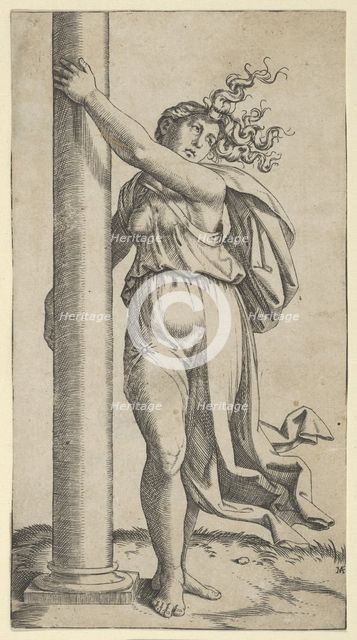 A young woman personifying Force or Strength holding a column, ca. 1517-27. Creator: Marcantonio Raimondi.