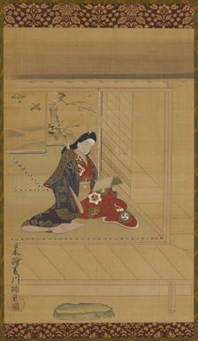 A young woman reading near a screen, 1615-1868. Creator: Unknown
