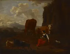 A young woman spinning wool with a distaff, c1640-1680. Creator: Nicolaes Berchem