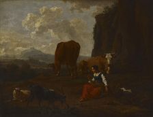 A young woman spinning wool with a distaff, c1640-1680. Creator: Nicolaes Berchem