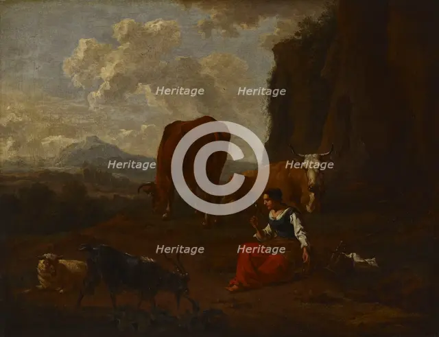 A young woman spinning wool with a distaff, c1640-1680. Creator: Nicolaes Berchem.