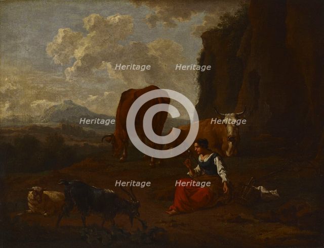 A young woman spinning wool with a distaff, c1640-1680. Creator: Nicolaes Berchem.