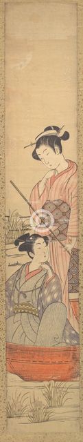 A Young Woman Standing in a Boat Pulling it along and a Young Man Seated in it at Her Feet. Creator: Uchimasa.