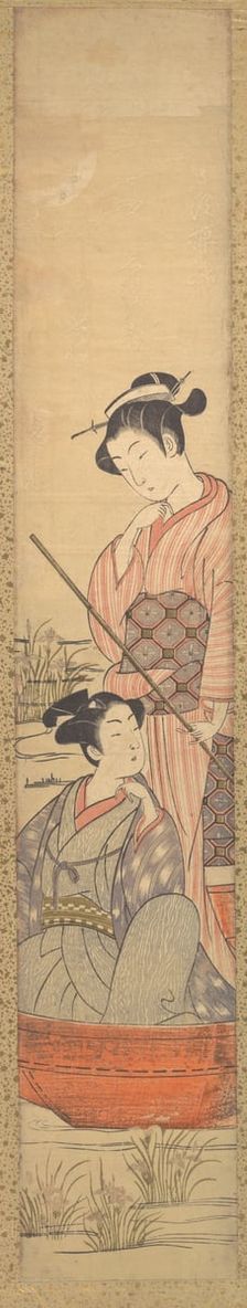A Young Woman Standing in a Boat Pulling it along and a Young Man Seated in it at Her Feet. Creator: Uchimasa