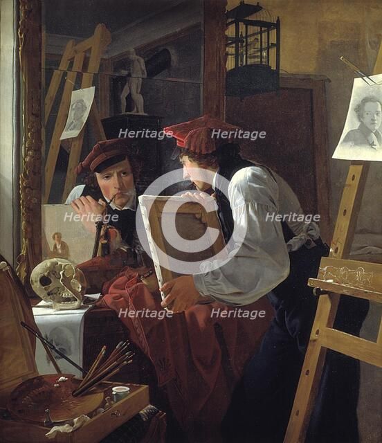 A Young Artist (Ditlev Blunck) Examining a Sketch in a Mirror, 1826. Creator: Wilhelm Bendz.
