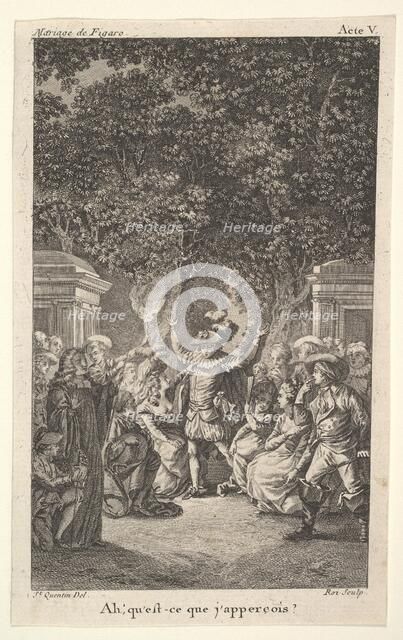 A young boy holds a torch under trees in a garden, at center a man raises both arms, s..., ca. 1784. Creator: Claude Nicolas Malapeau.